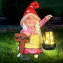 Solar Garden Gnome Statue Holding LED Lantern with Welcome Sign Outdoor Ornaments Waterproof Christmas Decoration for Outside Patio Yard Lawn Decor (Pink) by CozyNest Decor