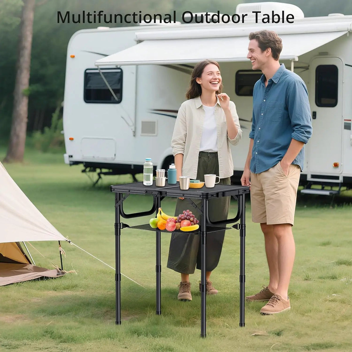 Folding Camping Table with Storage Net, Pure Black Aluminum 2ft Picnic Table 23.2" x 16" Outdoor Table Adjustable Height Max 27.5", Lightweight, Waterproof, Portable Handle for Travel Cooking, photo 2 of 6