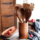 Teak Wooden Kitchen Utensil Set - 7Pcs Wooden Cooking Utensils Including Spatula by CozyNest Decor