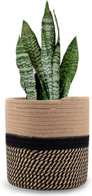 Woven Cotton Rope Plant Basket for 11" Flower Pot Floor Indoor Planters,Storage Organizer Basket Rustic Home Decor (11" x 11",Black and Brown Stripes) by CozyNest Decor