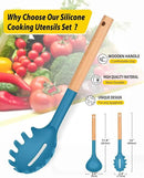 Silicone Pasta Fork and Ladle Spoon Set with Wooden Handle, Heat Resistant Non Stick Kitchen Utensils for Cooking, Stirring, Serving Spaghetti, Soup, Sauce(BLUE)