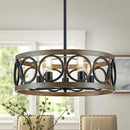 XINGQI 21.7'' Modern Chandelier, Farmhouse Drum Chandeliers for Dining Room Living Room Bedroom 5-Light Pendant Lighting Round Black Metal Antique Wood Grain Finish Adjustable by CozyNest Decor