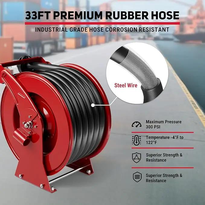 Fuel Hose Reel, 1" x 33' Retractable Diesel Fuel Heavy-duty Steel Construction with Refueling Nozzle, 300 PSI Diesel Reel Used for Aircraft Ship Vehicle Tanker Truck, photo 4 of 7