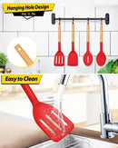 Pack of 4 Silicone Cooking Utensils Set, Non Stick Solid Spatulas and Heat Resistant Slotted Spoons with Wooden Handle, Ideal Wood Kitchen Utensils Set for Frying,Serving,Turning,Stirring (RED) by CozyNest Decor