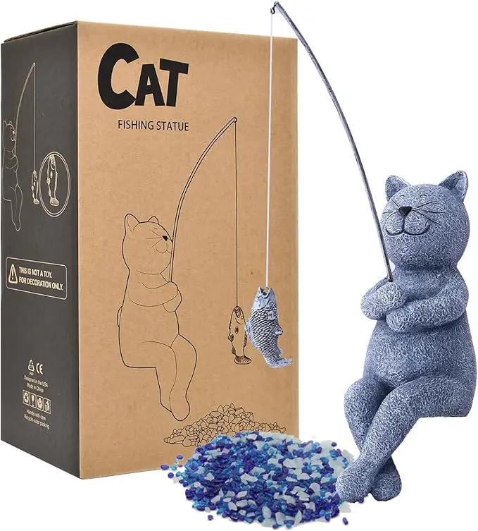 Goodeco Fishing Cat Garden Statue – 10" Little Cat Fisher for Garden Pond Decor, Poolside Statue with Glow in Dark Pebbles Included,Great Gifts for Mom, Women & Birthdays (Cat), photo 4 of 6