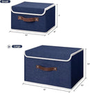 ANMINY 2PCS Storage Bins with Lid PU Leather Handles Storage Boxes PP Plastic Board Decorative Foldable Lidded Cotton Linen Fabric Home Cubes Baskets Closet Organizer Containers - Blue, Large Size