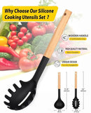 Silicone Pasta Fork and Ladle Spoon Set with Wooden Handle, Heat Resistant Non Stick Kitchen Utensils for Cooking, Stirring, Serving Spaghetti, Soup, Sauce(BLACK) by CozyNest Decor