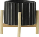 Sagebrook Home 8" Ceramic Planter - Black Planter Elevated on Wooden Stand with Fluted Design - for Indoor or Outdoor Plants, Great Gift Idea for Plant Lovers by GreenHaven Gardens