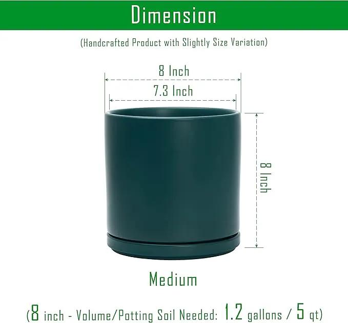 D'vine Dev 8 Inch Ceramic Planter Pot with Drainage Hole and Saucer, Indoor Cylinder Round Planter Pot, Teal, 94-O-D-9, photo 3 of 7