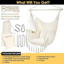 Y- STOP Hammock Chair Hanging Rope Swing, Max 500 Lbs, 2 Cushions Included, Large Macrame Hanging Chair with Pocket for Superior Comfort, with Hardware Kit (Beige) by GreenHaven Gardens