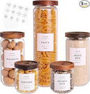 5 Set Glass Pantry Storage Jars with Acacia Airtight Lid - Thicken Glass Kitchen Canisters with 132 Pantry Labels - Clear Glass Food Storage Containers with Wood Lid for Tea,Sugar,Candy,Cookie,Pasta by CozyNest Decor