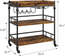 Bar Cart, Bar Carts for The Home, 3 Tier Serving Cart with Wheels, Home Bar & Serving Carts, Metal Rolling Cart with Wine Rack & Removable Tray for Kitchen, Dining Room, Living Room-Retro Brown by CozyNest Decor