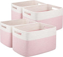 OIAHOMY 4 Pack Storage Baskets for Organizing, Basket for Shelves with Handle, Woven Baskets for Storage Toys, Towels, Books, Cotton Rope Basket 13" L x 9 " W x 7.8 " H, Pink & White by TinyTreasures Baby Boutique
