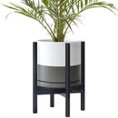 D'vine Dev Ceramic Planter with Ebony Stand - 10 Inch Modern Round Flower Pot with Wood Planter Holder, White/Grey, 55-B-L-6 by CozyNest Decor