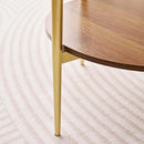 Round Glass End Table, Mid-Century Modern Design Sofa Table for Living Room, D18 x H23, 2-Tier Structure, Amber Glass Top and Walnut Shelf, Sleek Conical Legs with Gold Finish Frame by CozyNest Decor
