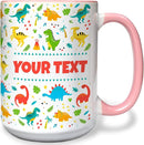 Personalized Mug for Kids - Dinosaurs - Custom Name/Text, Ceramic Hot Chocolate/Cocoa/Coffee Cup for Boys/Girls, Birthday/Christmas/Holiday Gift - 15 oz, Pink Handle by TinyTreasures Baby Boutique