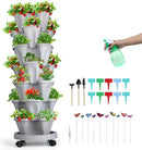 Vertical Planter, 7 Tier Stackable Strawberry Planter with Garden Tool Set, Movable Indoor/Outdoor Garden Herb Pot for Growing Vegetables and Succulents, Gray by GreenHaven Gardens