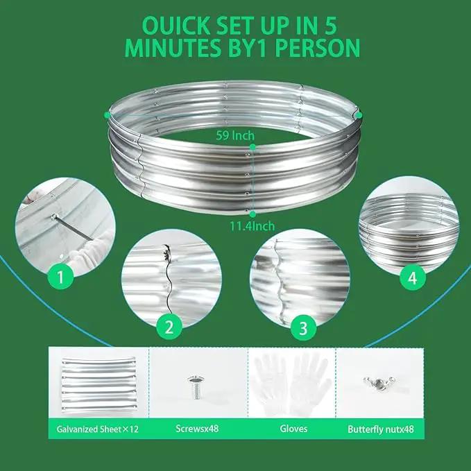 Durable Round Galvanized Steel Raised Garden Bed for Planting,Round Galvanized Steel Fire Ring/Fir Pit for Outdoor- 5×5×1FT,0.8MM Thick (Silver, 60 ins Diameter x 12 ins high), photo 5 of 6