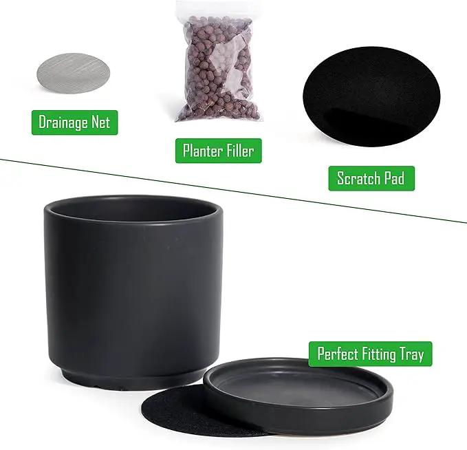 D'vine Dev Set of 4 Small Ceramic Plant Pots, 4.6 Inch Succulent Planter Pot for Plants with Drainage Hole and Saucer, Black, 94-X-B-2, photo 4 of 7