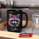 Colorful Raccoon Black Mug, Custom Choose Name Raccoon Coffee Cup, Gift For Men Women, Personalized Animal Lover Ceramic Mug, Customized Animal Design Cup 11oz 15oz by CozyNest Decor