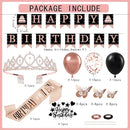 Rose Gold Black Birthday Decorations for Girls Women - 54pcs Happy Birthday Banner, Crown Sash, Cake Topper, Confetti balloons, 3D Butterflies Decor, 4 Balloon Stands kits by TinyTreasures Baby Boutique
