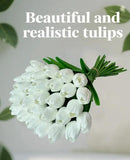 15pcs White Tulips PU Artificial Flowers Real Touch Fake Tulips for Spring Easter Home Kitchen Wedding Bouquet Bulk Mother's Gift Day Decorations by CozyNest Decor