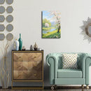 The scenery of a stream between trees and cherry blossoms under the blue sky is suitable for posting in the living room bedroom office landscape posters by CozyNest Decor