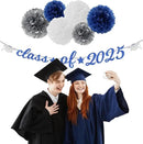 Navy-Blue White-Silver Party-Decoration Graduation Banner - 14pcs Kits Cap Garland Streamers, Royal Paper Tissue Pom Poms Flowers Fans Honeycomb,Class Of 2025 College High School Grad Decor Hugfond by CozyNest Decor