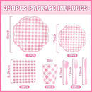 350 Pcs Pink Gingham Plates and Napkins Party Supplies - Pink and White Checkered Plates Sets Serve 50 Guests - Scalloped Gingham Paper Plate for Birthday Wedding Picnic Party Decorations by CozyNest Decor