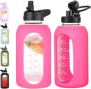 64 oz Glass Water Bottle With Straw and Handle, Half Gallon Sports Motivational Water Jug Flask with Silicone Sleeve, Large Water Cup with Time Marker for Travel, Gym, Hot Pink by CozyNest Decor