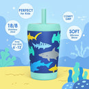 Kid Insulated Stainless Steel Tumbler with Silicone Straw, 12oz Sippy Cup for Kids (Sharks) by TinyTreasures Baby Boutique