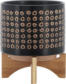 Sagebook Home 9.25" H 8" Diameter Natural Sand and Deep Brown Glazed Ceramic Dotted Planter on Brown Rubberwood Stand for Indoor and Outdoor Decorating by GreenHaven Gardens