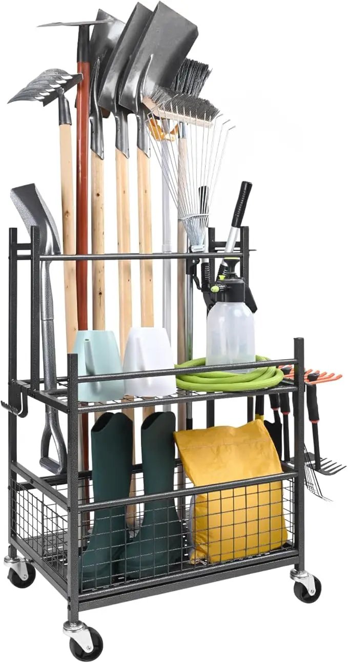 VEVOR Garden Tool Organizer, 16 Slots with Hooks, Yard Tool Tower Rack with Wheels for Garage Organization and Storage, Hold Long-Handled Tool/Rake/Broom, Metal Tool Stand Holder for Shed, Outdoor