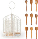 360° Rotating Kitchen Utensil Holder- 3 Compartment Organizer with Cork Bottom | Includes Premium 9-Piece Acacia Wood Utensil Set | Professional Luxury Design | Metal Utensil Crock (Matte white) by CozyNest Decor