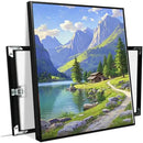 Landscape wall painting of mountain forest lakeside cabin under blue sky and white clouds natural oil painting poster suitable for living room bedroom office by CozyNest Decor