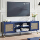 Mid Century Modern Entertainment Center, Blue TV Stand for TVs up to 75", Boho Tv Furnitures with Storage Cabinet and Shelves, Tv Console Media Center with Gold Metal Mesh Doors for Living Room by CozyNest Decor