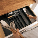 Premium Silverware, Flatware and Utensil Organizer for Kitchen Drawers, Food-Safe Contract Grade, Expandable from 16 to 28 In, Black Bamboo by CozyNest Decor