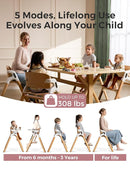 Momcozy DinerPal Wooden High Chair for Babies, Toddlers & Adults Up to 308 Lbs, Convertible Baby Highchair with Food-Grade Tray, Dishwasher-Safe, Adjustable & Ergonomic, Natural Wood by TinyTreasures Baby Boutique