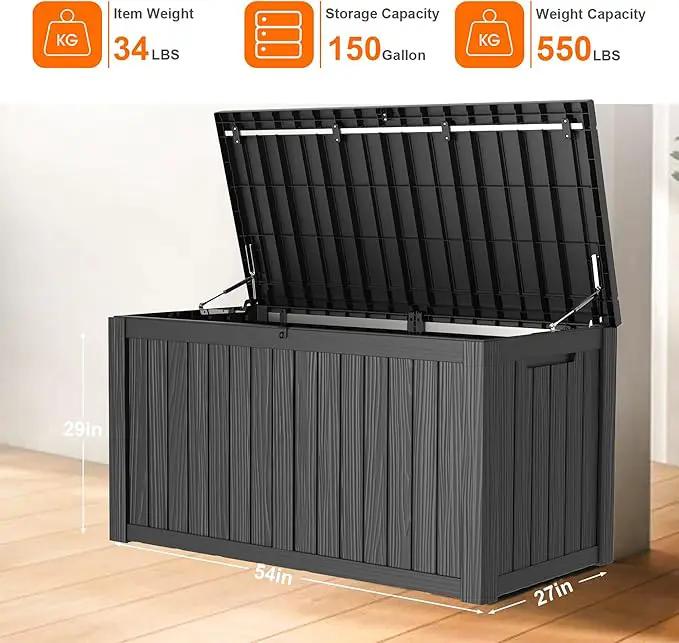 150 Gallon Deck Box,Resin Outdoor Storage Box with Lockable for Patio Furniture, Pool Accessories, Garden Tools Waterproof Outside Storage Box, Black, photo 4 of 7