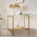 Extra Large Glass Console Table for Living Room, Foyer & Entrance, L47 x W16 x H31, Mid-Century Modern Sofa Table with Clear Glass Top, Walnut Finish Wood Top and Gold Finish Metal Frame by CozyNest Decor