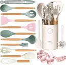Silicone Cooking Utensils Set - Silicone Kitchen Utensils for Cooking Wooden Handles, 446°F Heat Resistant Kitchen Utensil Spatula Sets w Holder, Gadgets for Non-Stick Cookware BPA FREE (Multicolour) by CozyNest Decor