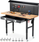 Workbench with Wheels 60 x 22 Inch Heavy Duty Rubber Wood Tabletop Work Bench with Pegboard, Drawers, Power Outlets Adjustable Height Work Table for Woodworking Shop, Home, Office by GreenHaven Gardens