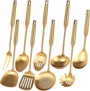 Gold Kitchen Utensils Set - 18/10 Stainless Steel Cooking Tools, 15" All Metal Serving Utensils with Fork, Solid/Slotted Spoon, Spatula, Ladle, Skimmer, Tunner, Pasta Spoon, Large Spoon, Set of 9 by CozyNest Decor