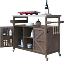 Farmhouse Solid Wood Grill Table with Stainless Steel Top, Outdoor Rolling Bar Cart & Storage Cabinet with Spice & Towel Rack, Outdoor Kitchen Island with Internal Storage Rack, Dark Brown by CozyNest Decor