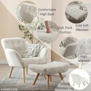 White Sherpa Accent Chair with Ottoman ，Modern Reading Chair with Ottoman Set, Comfy Fuzzy Armchair Living Room Chair Lounge Chair with Wood Legs for Small Spaces Bedroom Apartment by CozyNest Decor