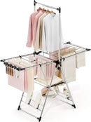 APEXCHASER Clothes Drying Rack with High Hanger, Foldable 3-Level Drying Racks with Shoe Rack, Crossbar and Vertical Rod Laundry Stand with Adjustable Wings Silver by CozyNest Decor