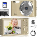 Digital Camera, FHD 4K Digital Camera with 64GB SD Card, 44MP Digital Point and Shoot Camera, 16X Digital Zoom, Anti Shake, 3-LED Fill Lights, Compact Camera for Kids Teen Boys Girls, Gold by TinyTreasures Baby Boutique