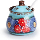 silesia Handmade Sugar Bowl with Lid and Spoon, 9 Ounce Ceramic Hand-Painted Sugar Jar for Home in Gift Box, Kitchen Decor, Oven, Dishwasher & Microwave Safe, Glazed Blue by CozyNest Decor
