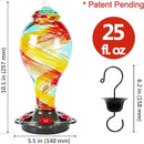 LUJII Hand Blown Glass Hummingbird Feeder for Outdoors Hanging with Ant Moat, 25 fl.oz, Leak Proof & Rustproof, Metal Base with 5 Feeding Ports & 5 Perches, Unique Garden & Backyard Decor (Ribbon) by GreenHaven Gardens