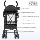 Dream On Me Rover Convenience Baby Stroller in Black, Lightweight & Compact Umbrella Stroller, Easy one-Hand fold Travel Stroller, Lockable Rear Wheels, Removable & Adjustable Canopy by TinyTreasures Baby Boutique